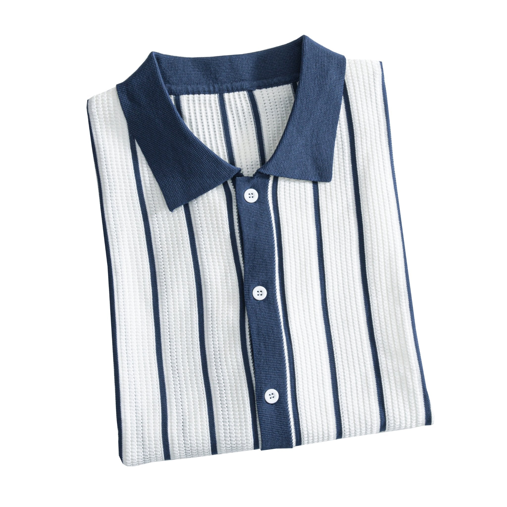 OROMEN Men's Ice Silk Vertical Stripe Knit Polo Shirt - Navy White Top