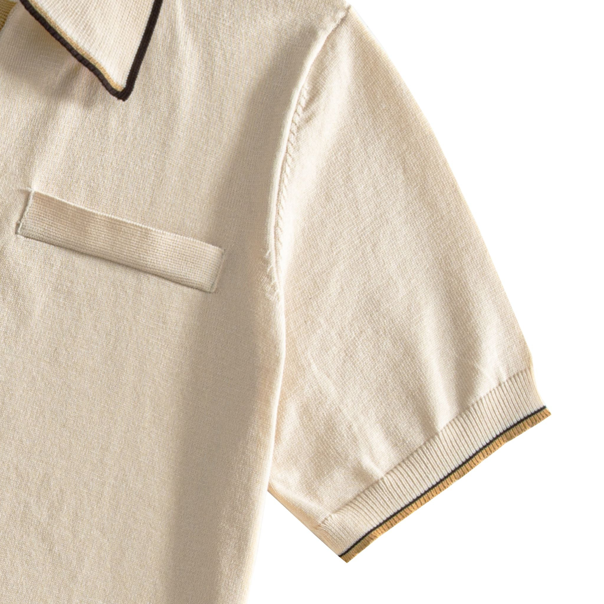 Ribbed cuff detail with dual-tone brown and khaki contrast trim on men's cream knit polo – OROMEN