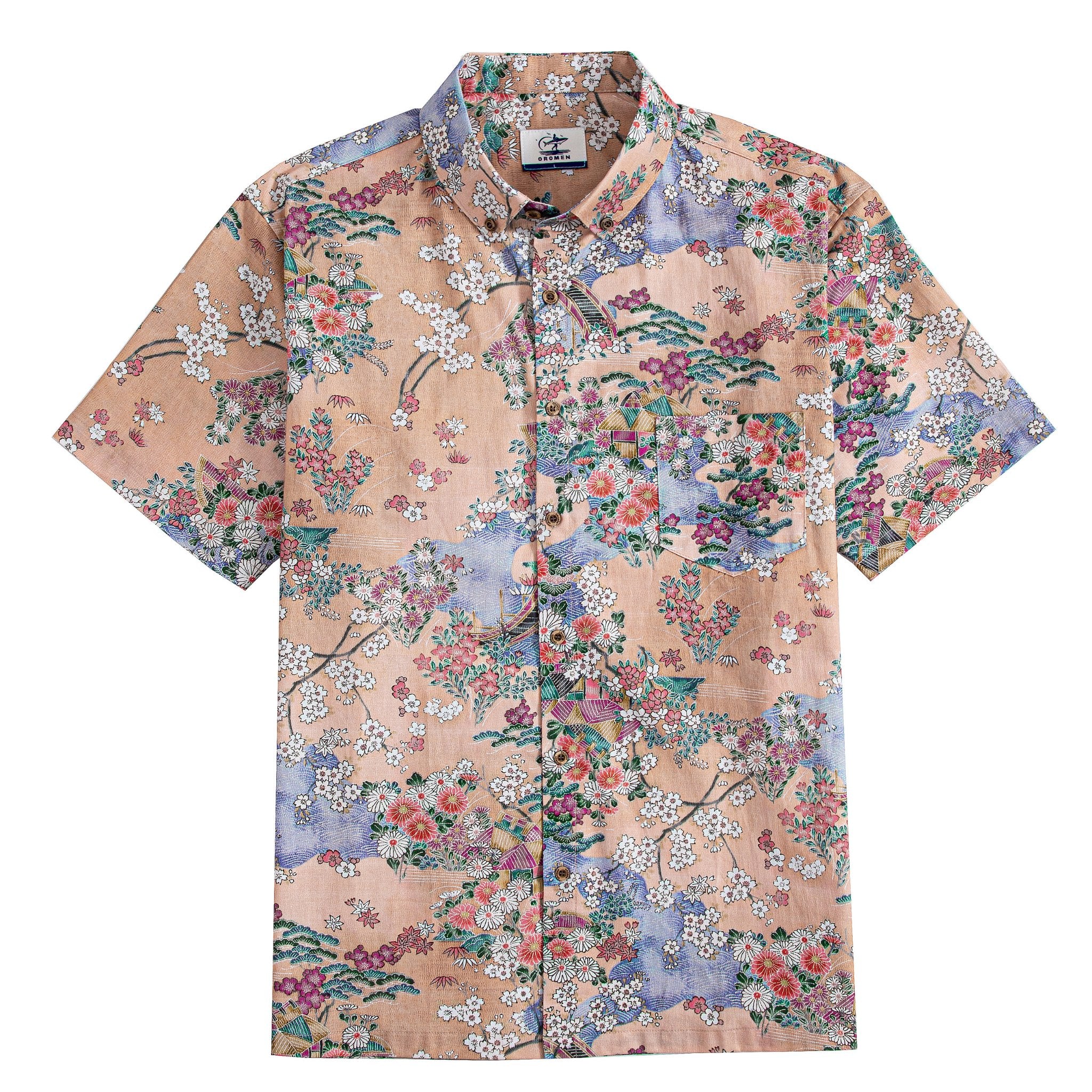Sakura Spring Landscape Japanese cotton shirt with Ukiyo-e cherry blossom print - OROMEN