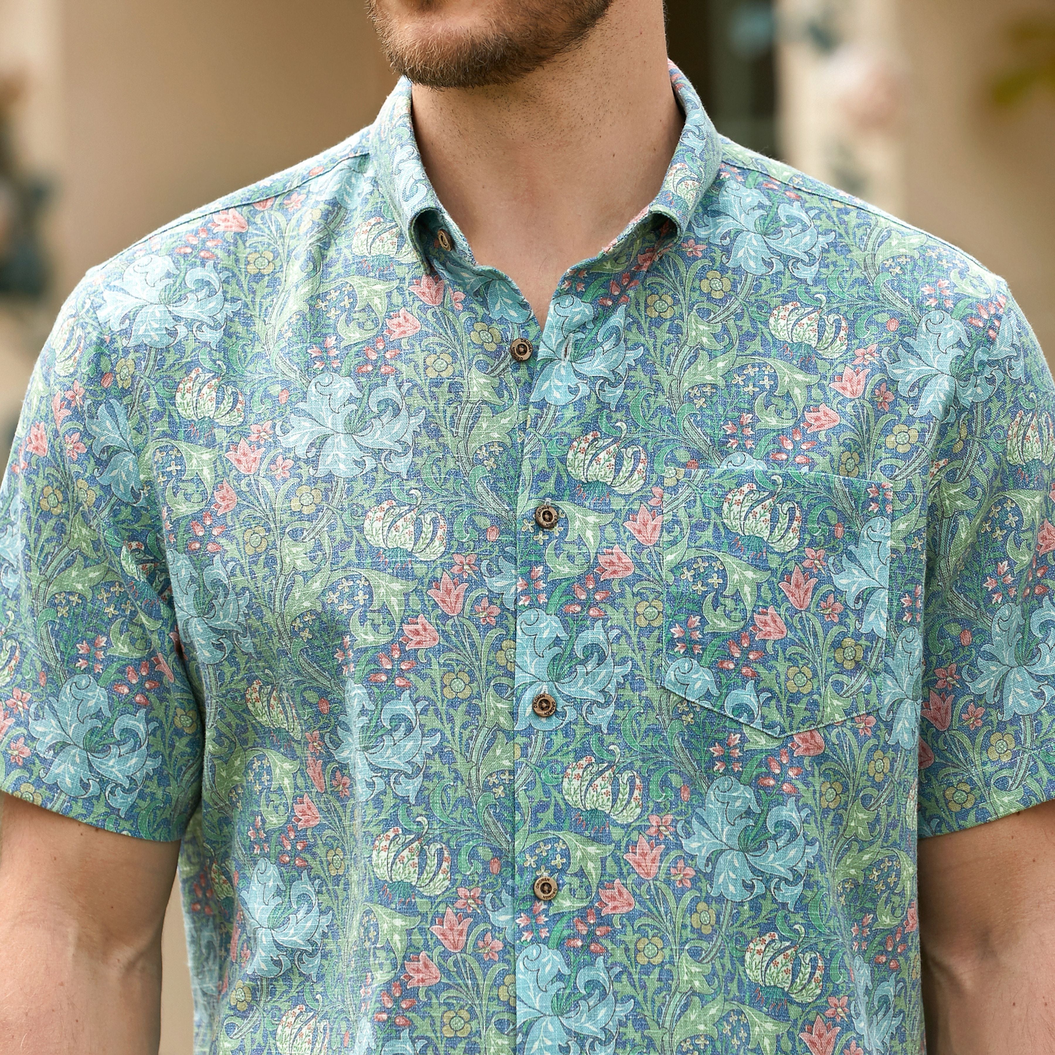 Secret Garden aloha shirt front view on model - garden courtyard inspired design