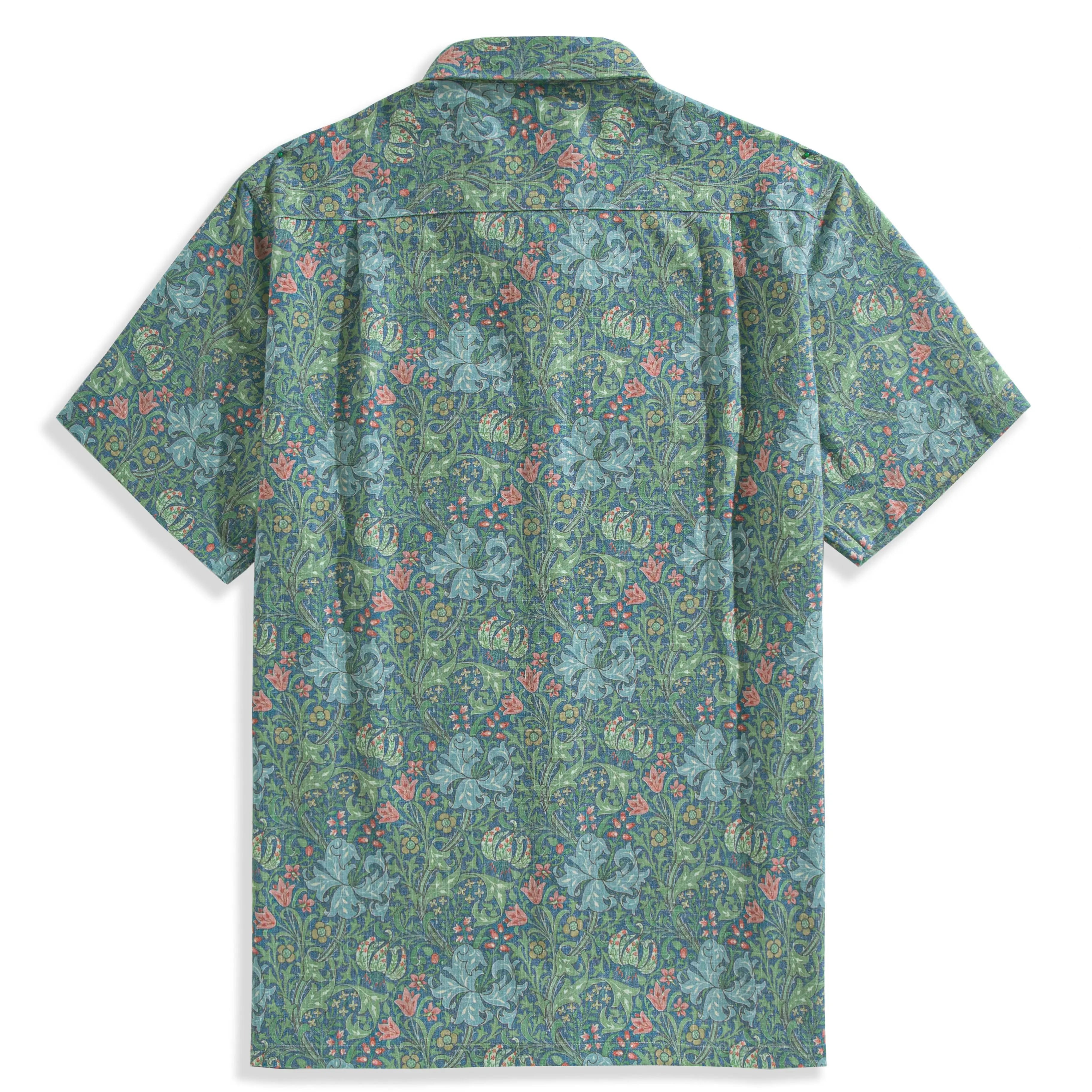 Secret Garden aloha shirt side vent and back box pleat craftsmanship detail