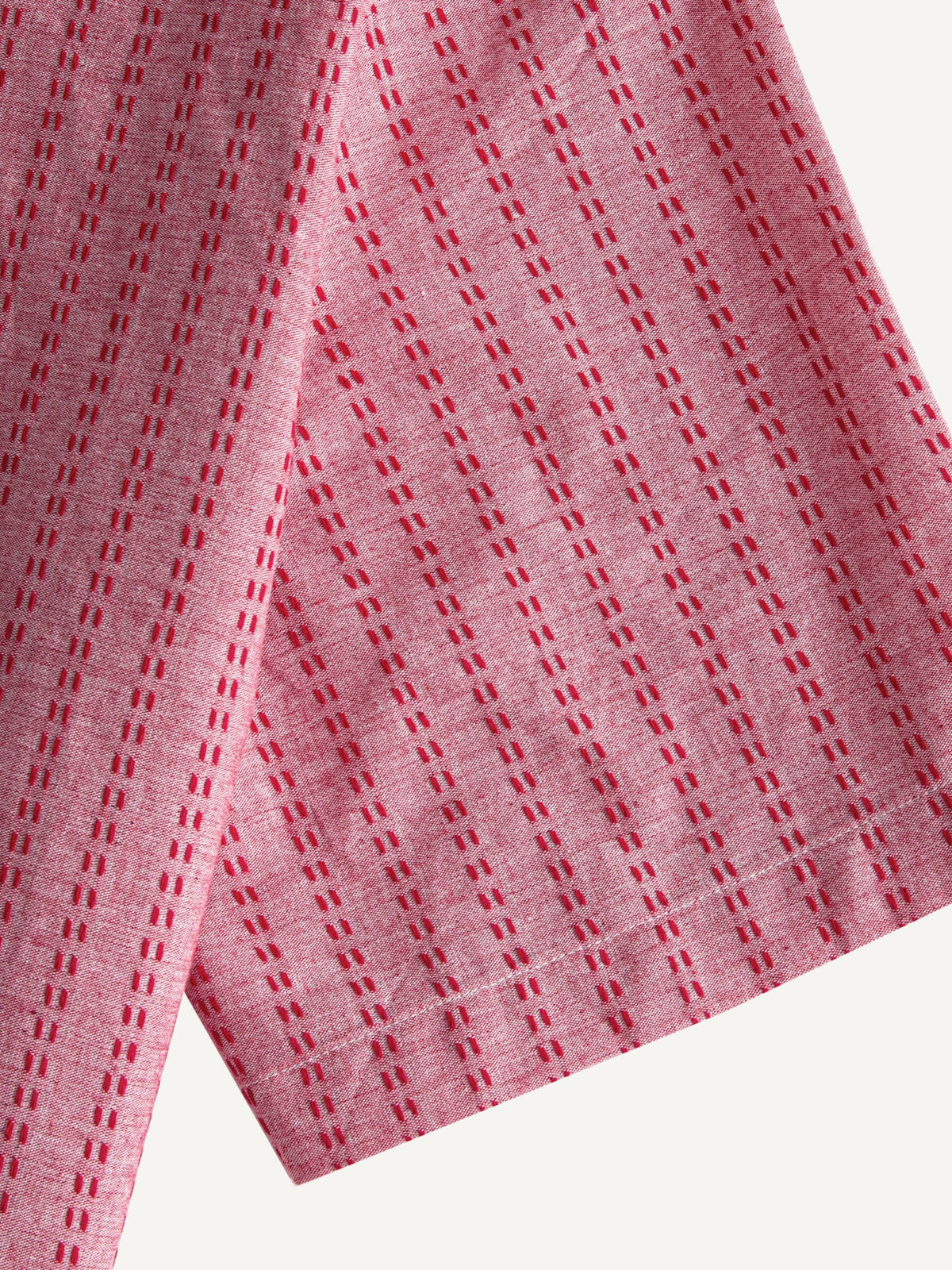 Short sleeve cuff and double-needle stitching detail of OROMEN Sashiko Coral Cotton Shirt