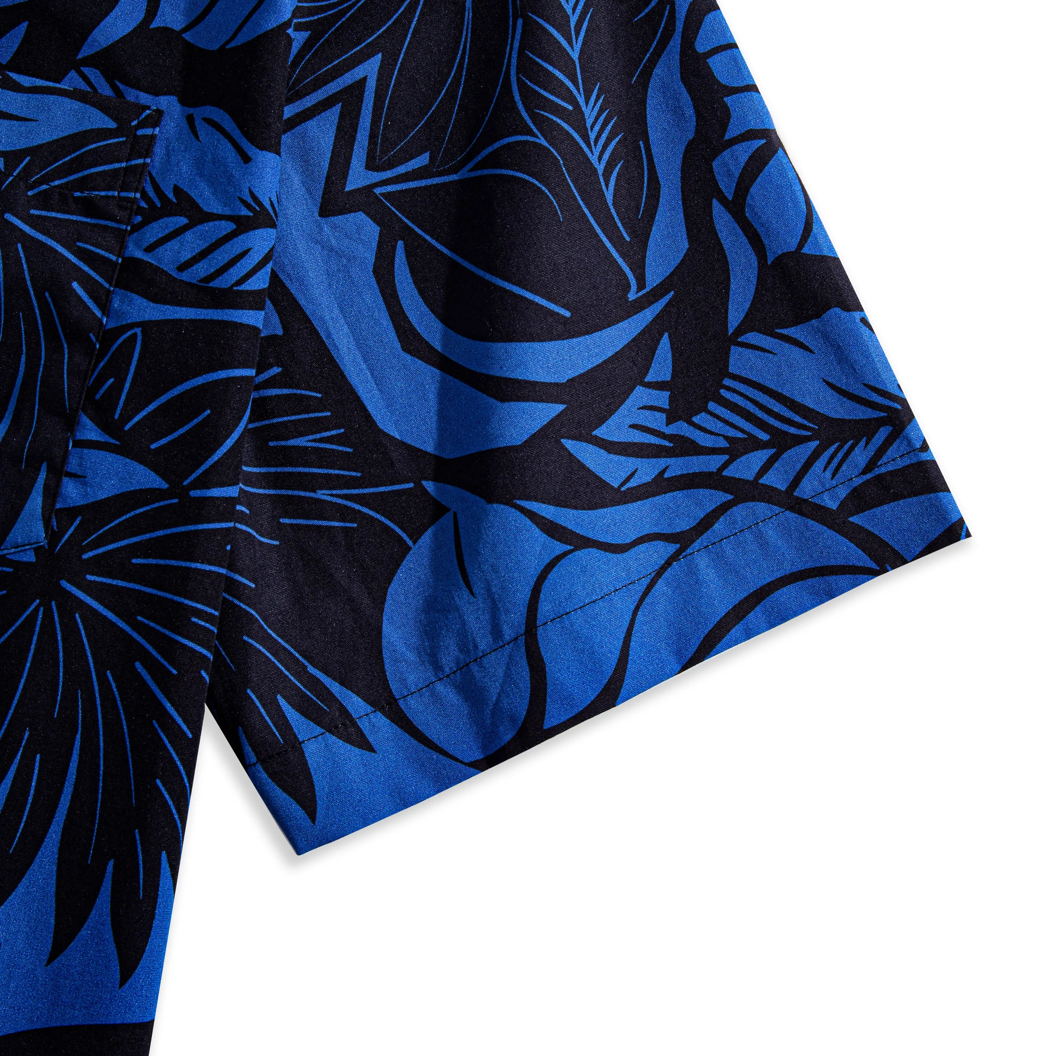 Short sleeve hem detail of OROMEN Blue Bush Hawaiian shirt – blue tropical print