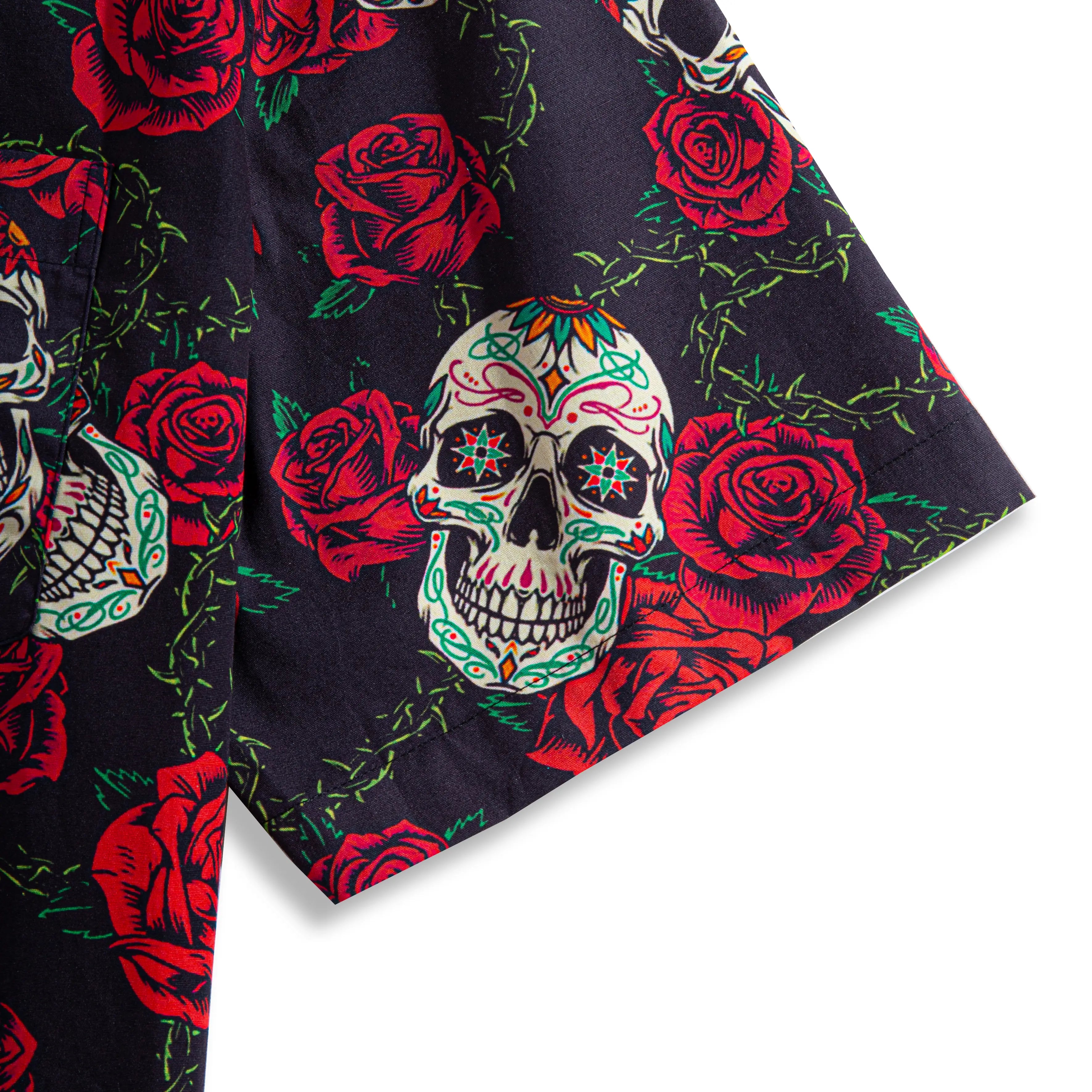 Short sleeve hem of OROMEN Bloom And Death Hawaiian shirt – sugar skull and red rose print on black background