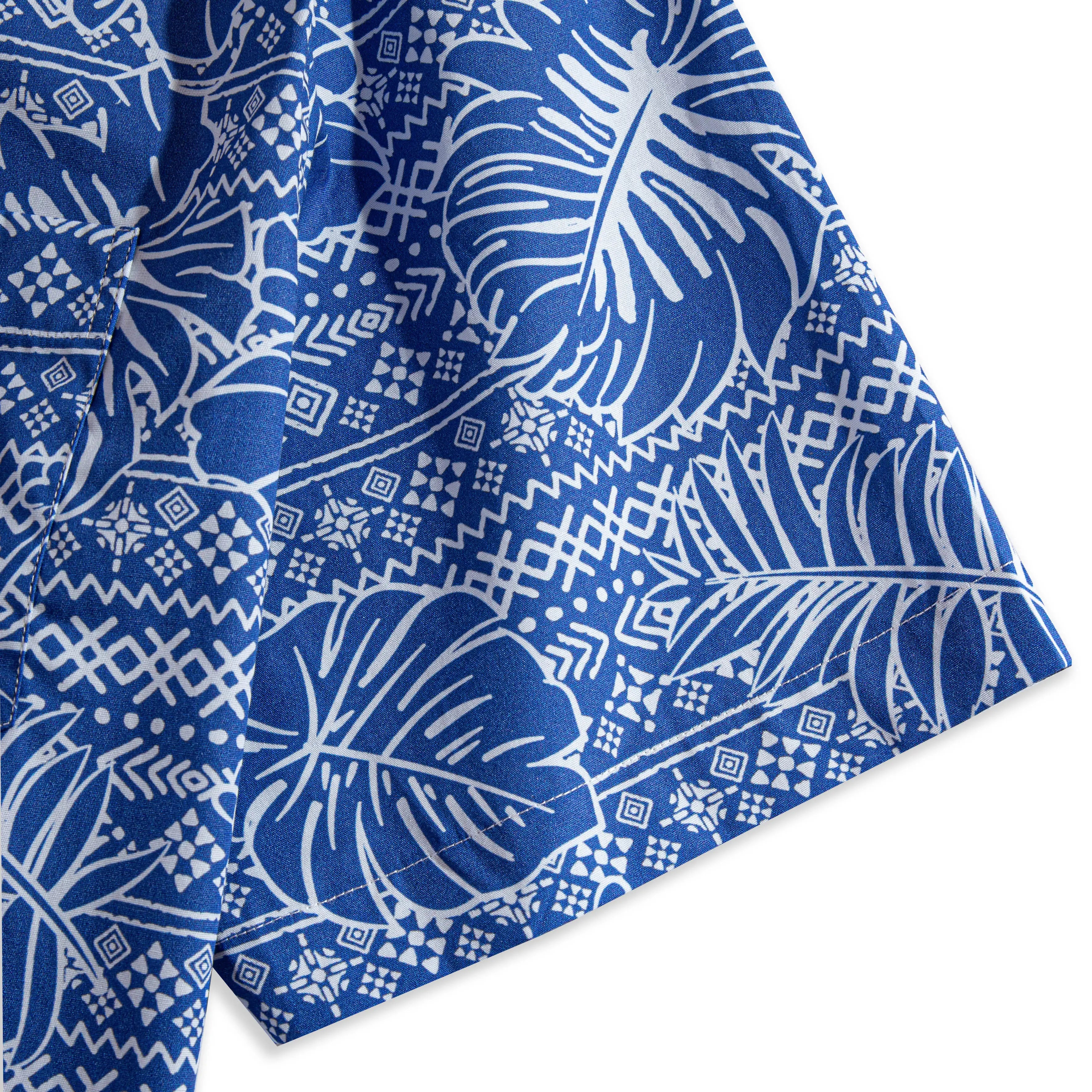 Short sleeve hem of OROMEN Plant Totem Hawaiian shirt – navy blue retro totem and monstera leaf print