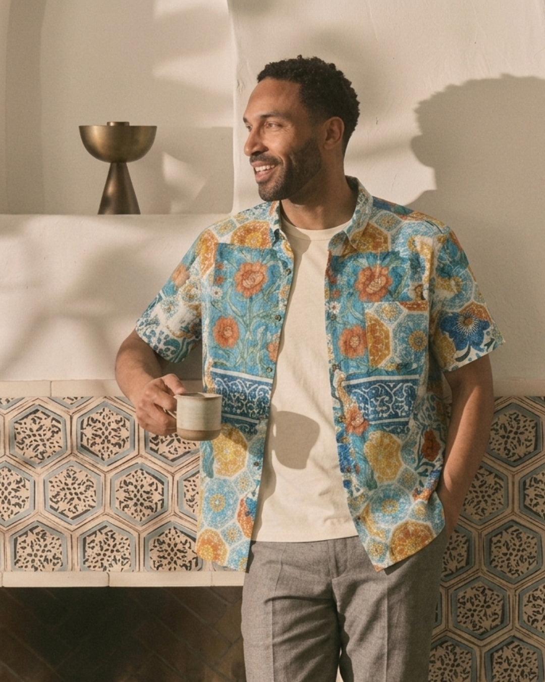 Sicilian Majolica Baroque Shirt Front View Model Shot – OROMEN