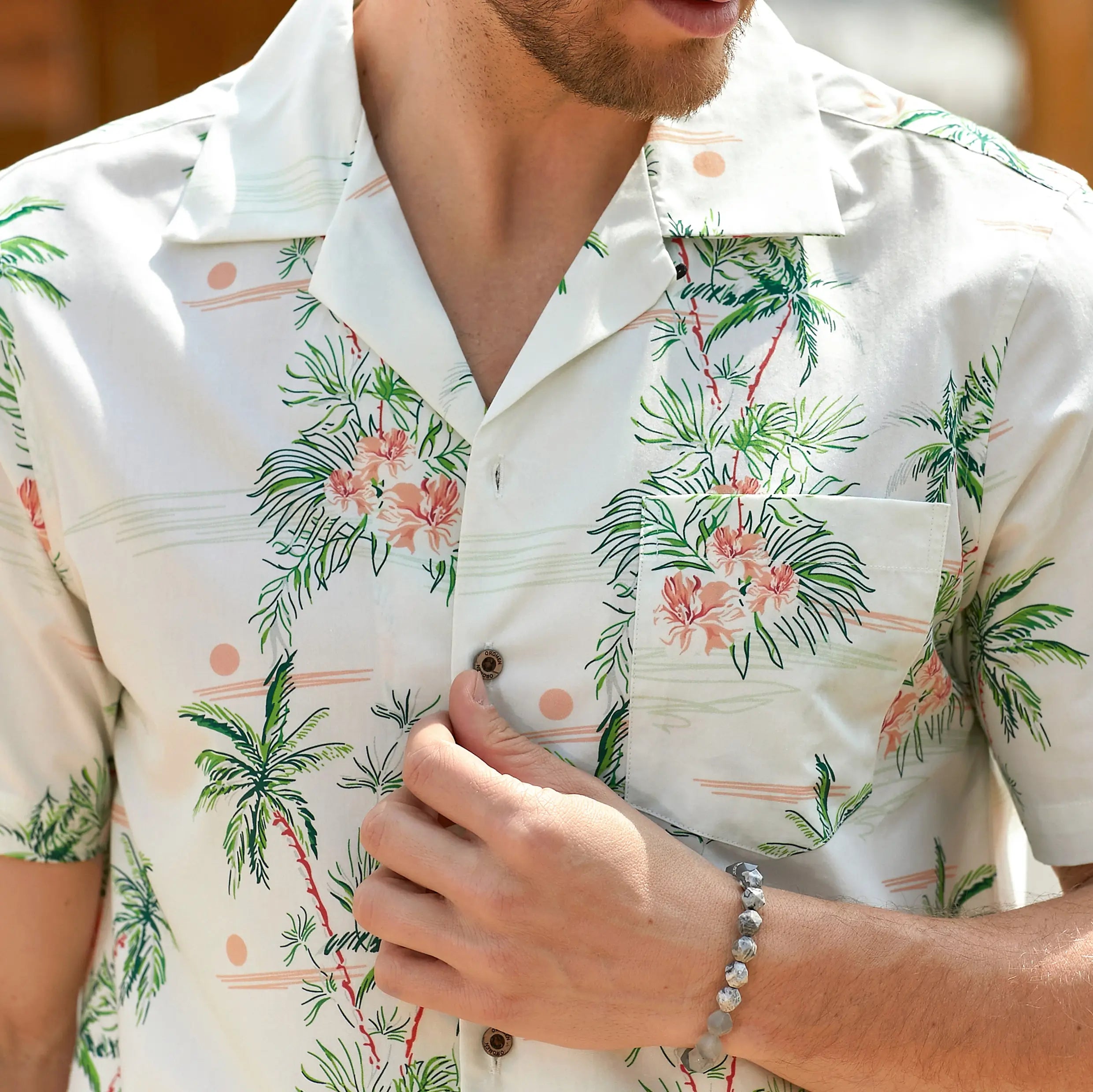 Side view of Elegant Aloha shirt showing minimalist coconut tree design