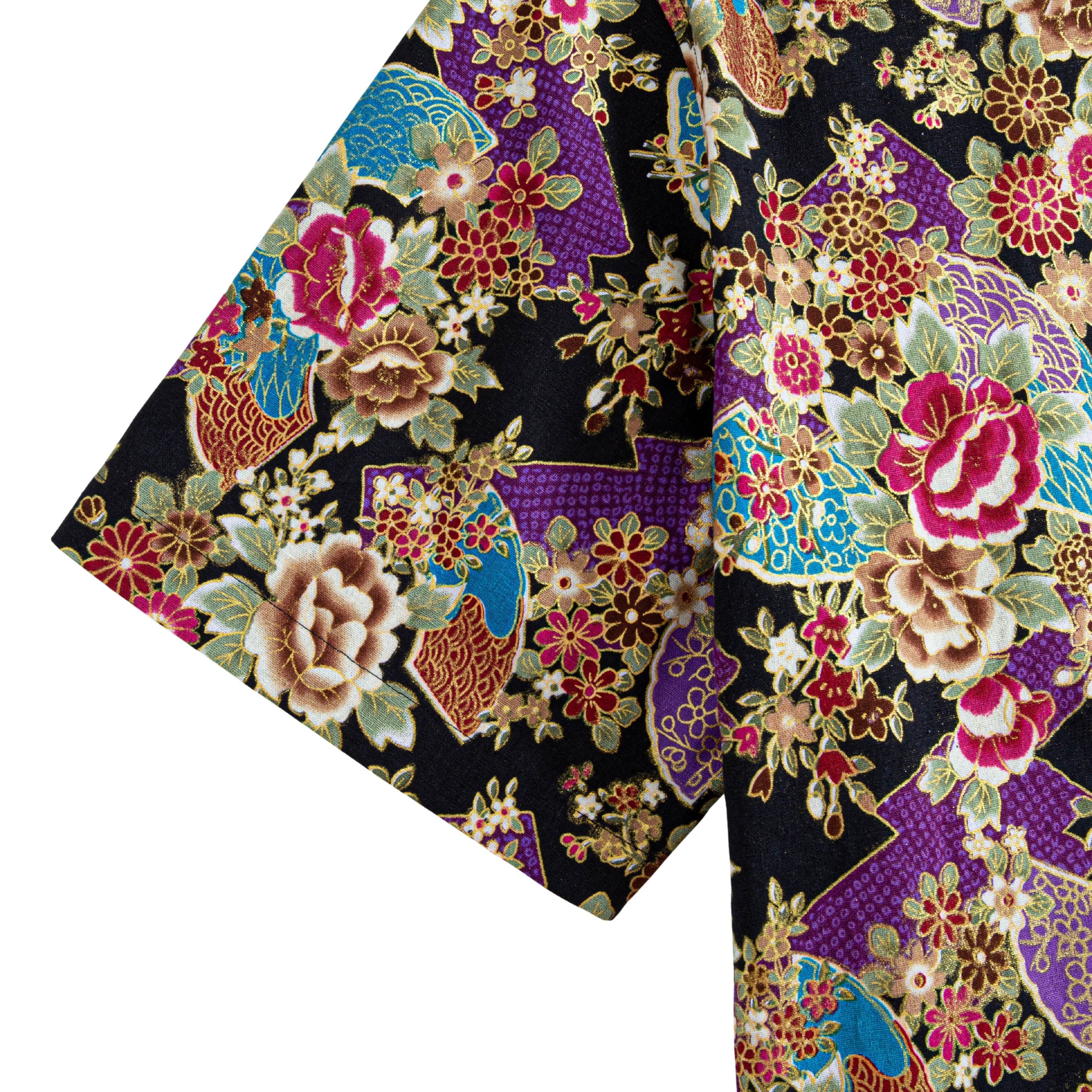 Side view of Elegant Peony Ukiyo-e shirt showing side vent construction