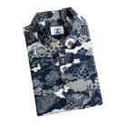 Side view of OROMEN Seigaiha Asanoha Sakura Japanese pattern short sleeve shirt in Navy