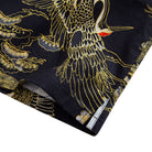 Side view of crane print shirt showing double needle stitching craftsmanship