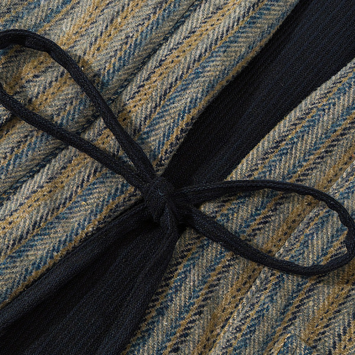 Side tie drawstring detail on side A of OROMEN KIMONO020, yellow stripe kimono coat, adjustable hem cord, wabi-sabi accent