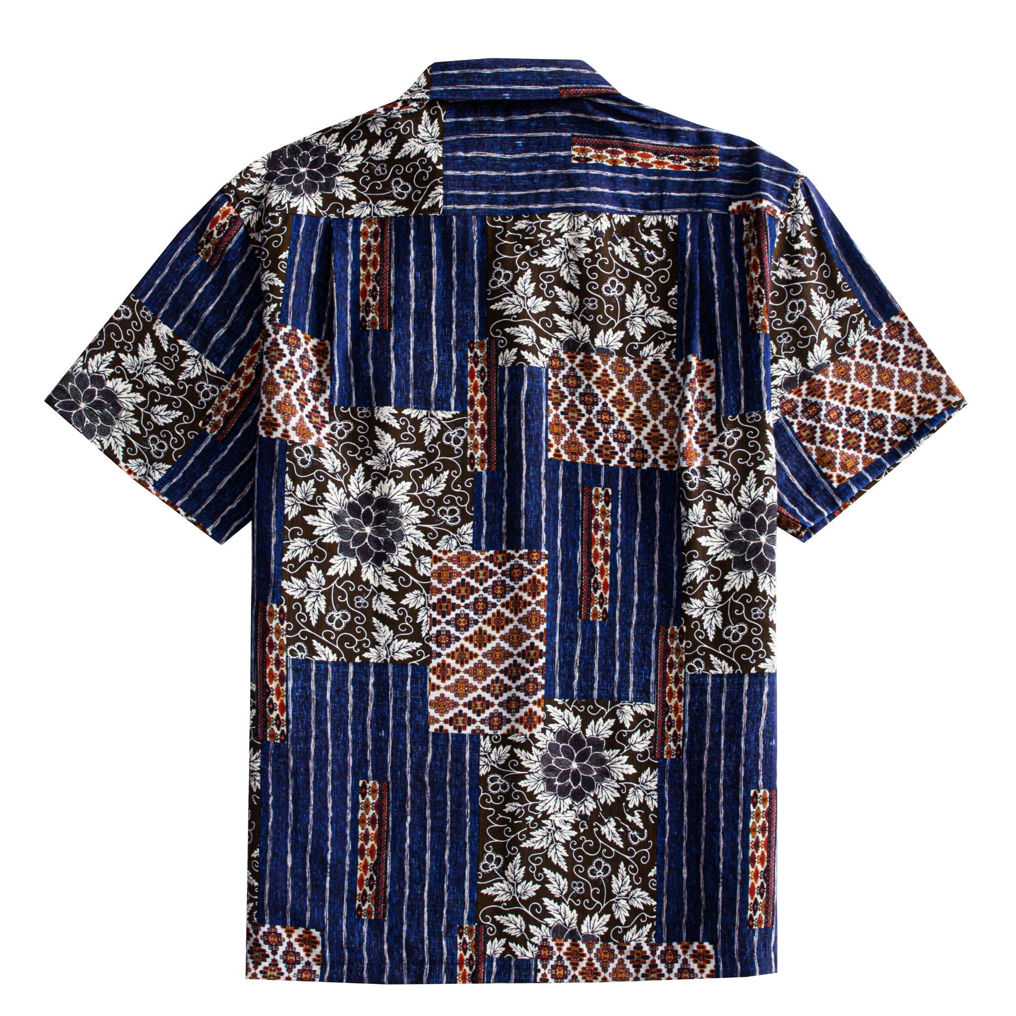 Silk Road Patchwork Hawaiian shirt back flat lay showing full patchwork block layout with indigo ikat stripes, dark brown florals and ethnic geometric squares