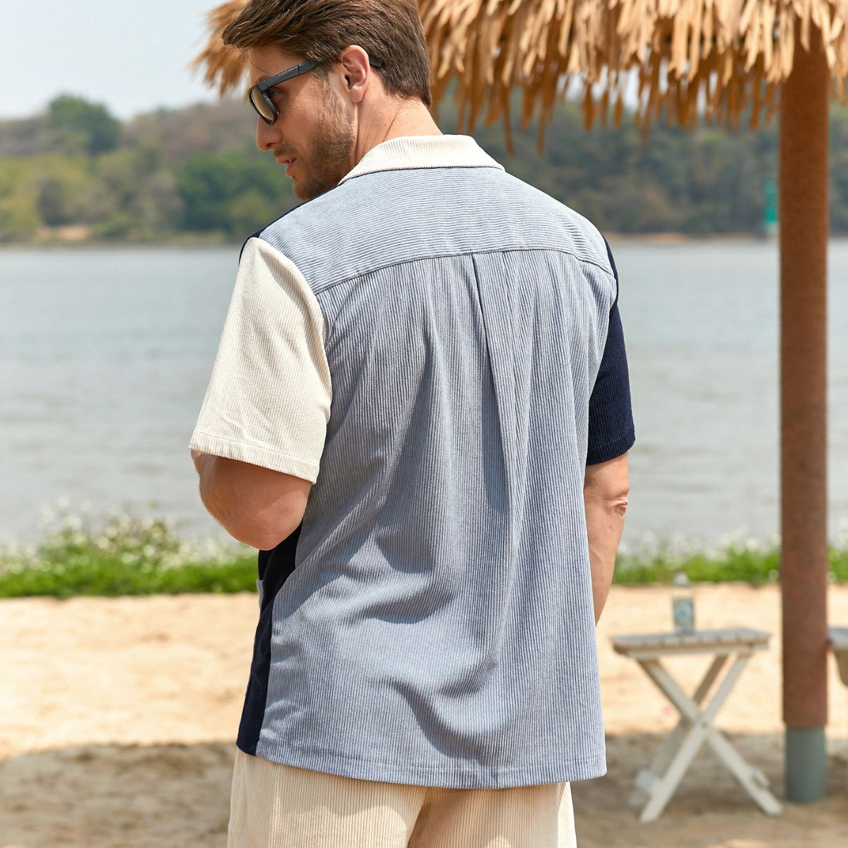  Sky Blue Corduroy Shirt Model Back Shot – OROMEN