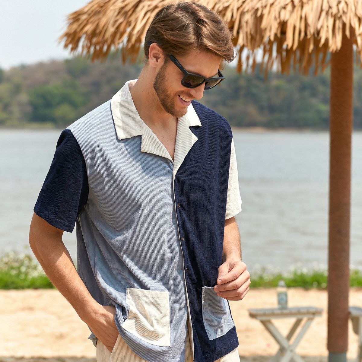 Sky Blue Corduroy Shirt Model Side Shot – OROMEN
