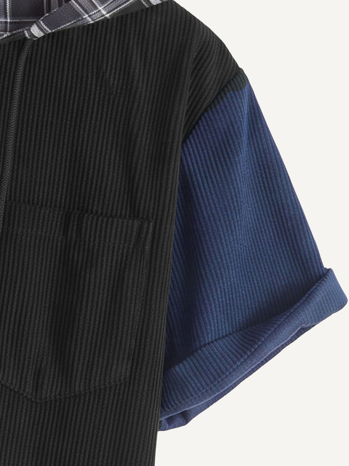 Sleeve cuff with roll tab detail on OROMEN Lodge Corduroy Hooded Shirt