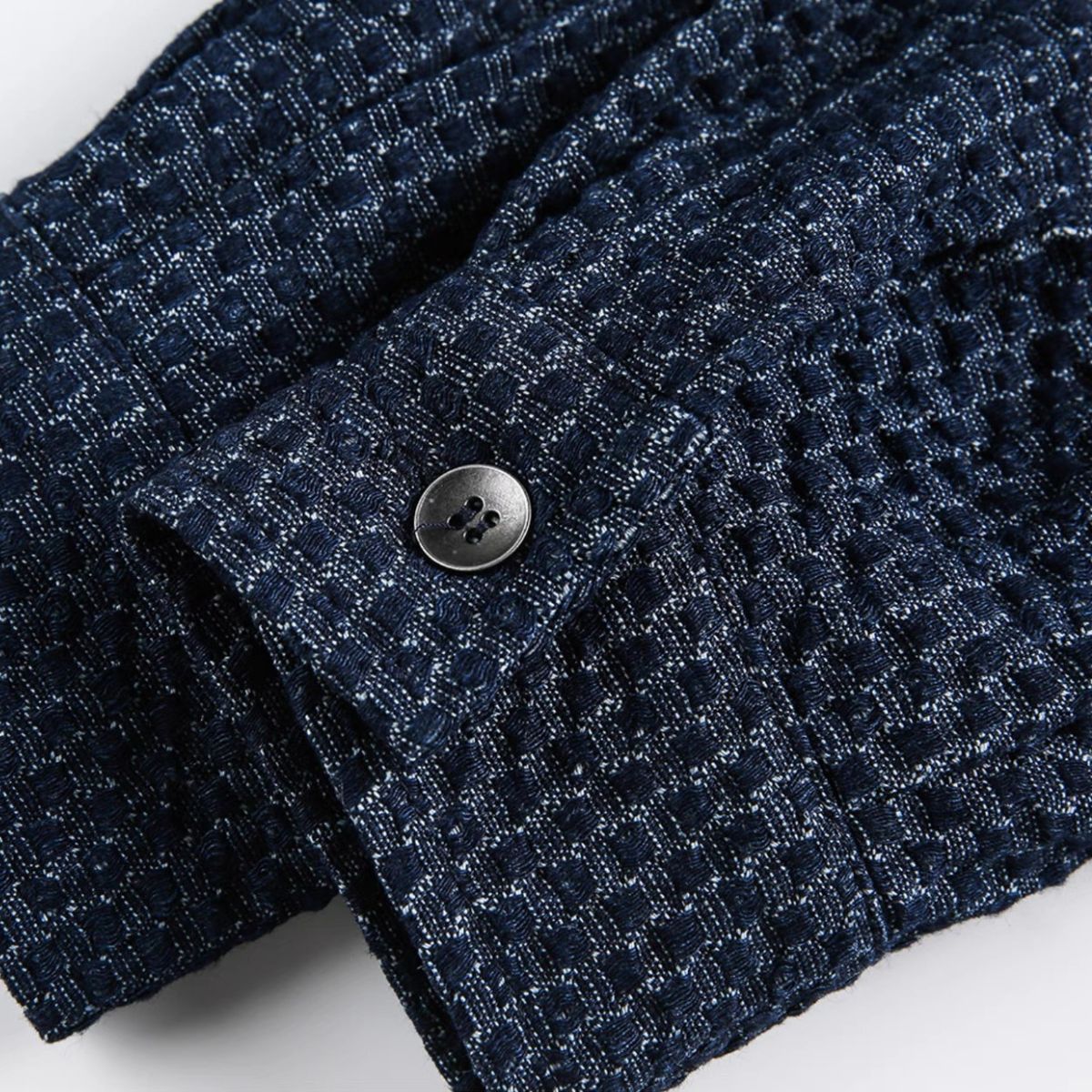 Sleeve cuff detail of OROMEN OROAW042 Checkered Jacquard Shirt, navy jacquard check, clean cuff finish, button closure