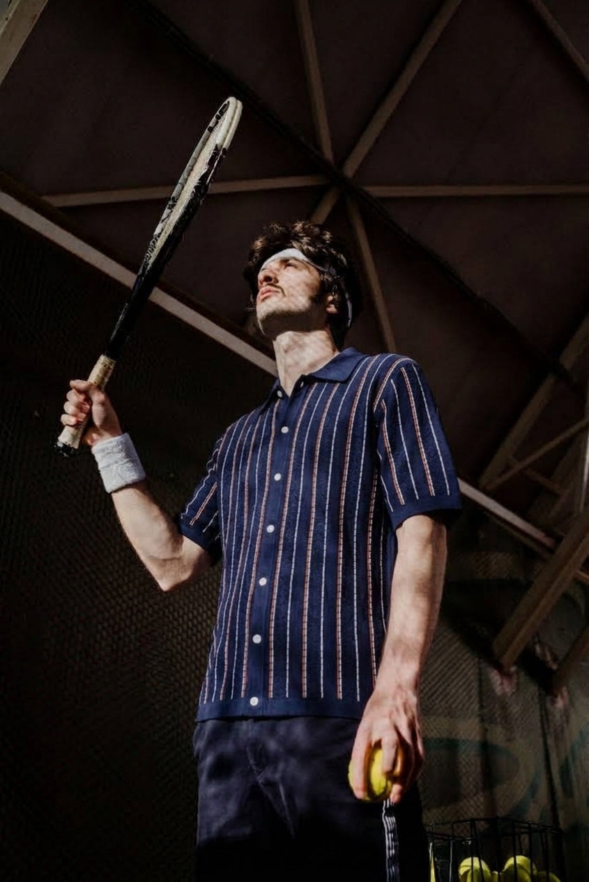 Tally Stripe Open-Knit Shirt in Model 2