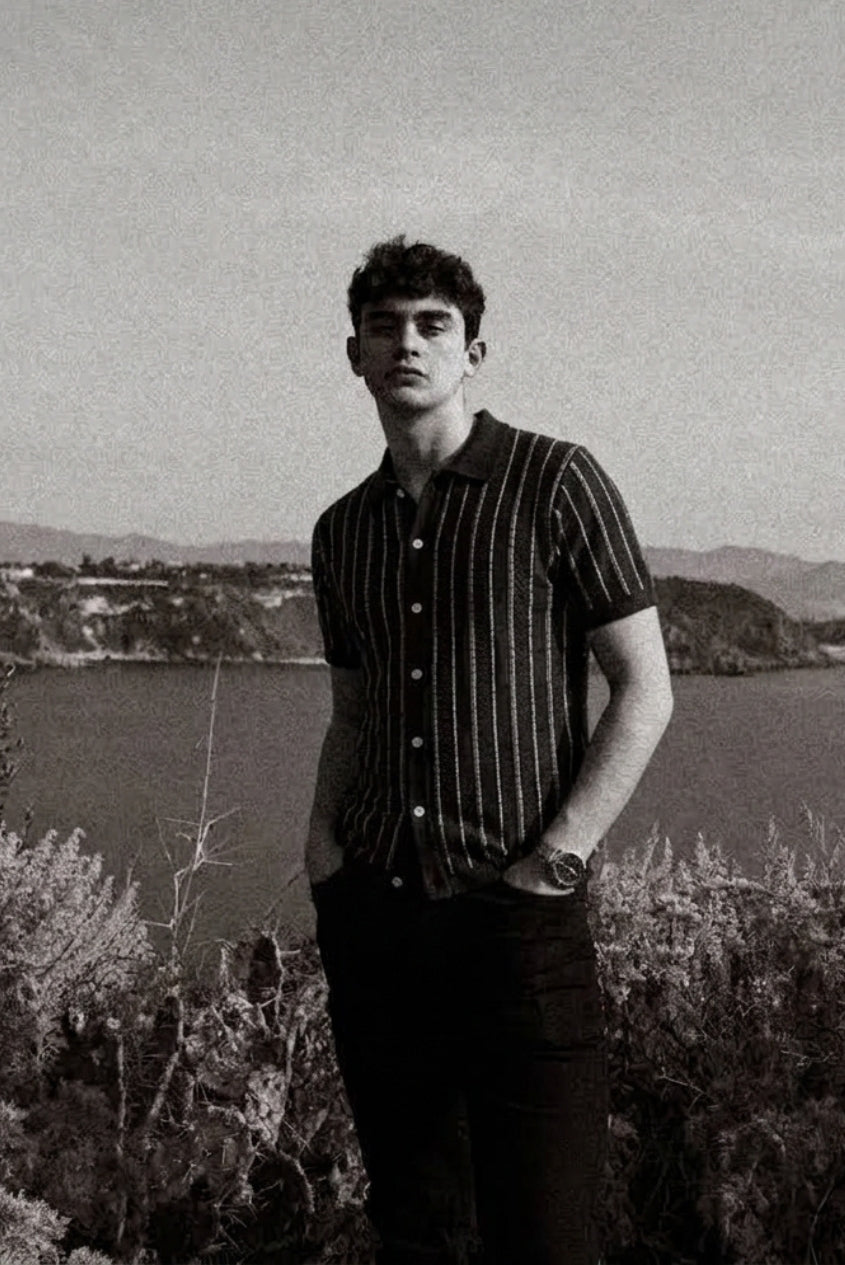 Tally Stripe Open-Knit Shirt in Model 3