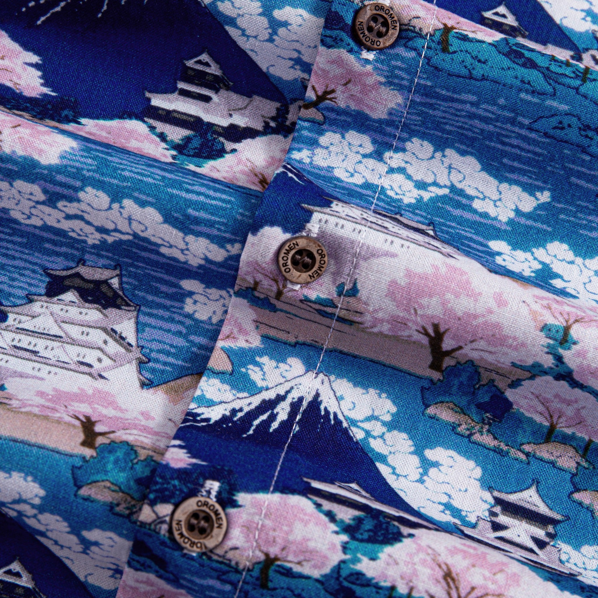 Traditional Japanese castle architecture and blue waterways on Ukiyo-e cotton fabric