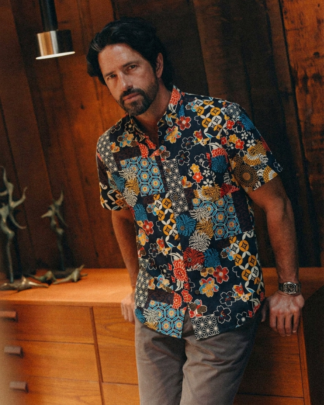 Ukiyo-e Patchwork Shirt – Full Body Model Wearing Shot