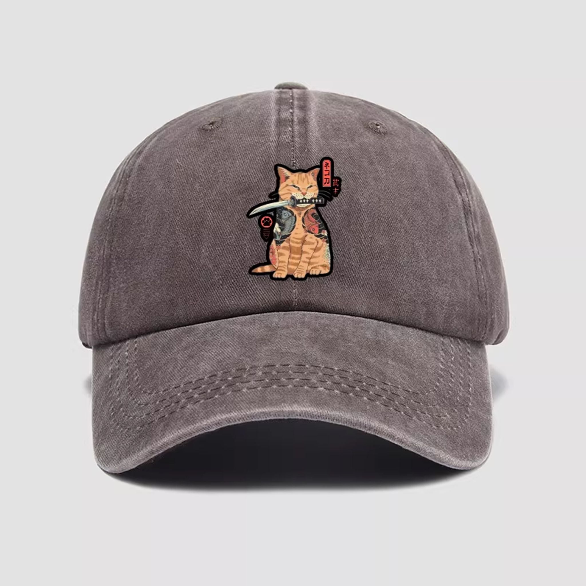 Ukiyo-e samurai cat embroidered hat - close-up detail of washed cotton texture