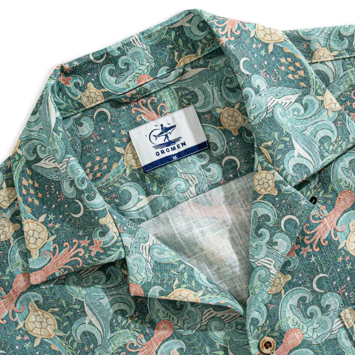 Undersea Oasis Hawaiian shirt showing vibrant coral reef and sea life details
