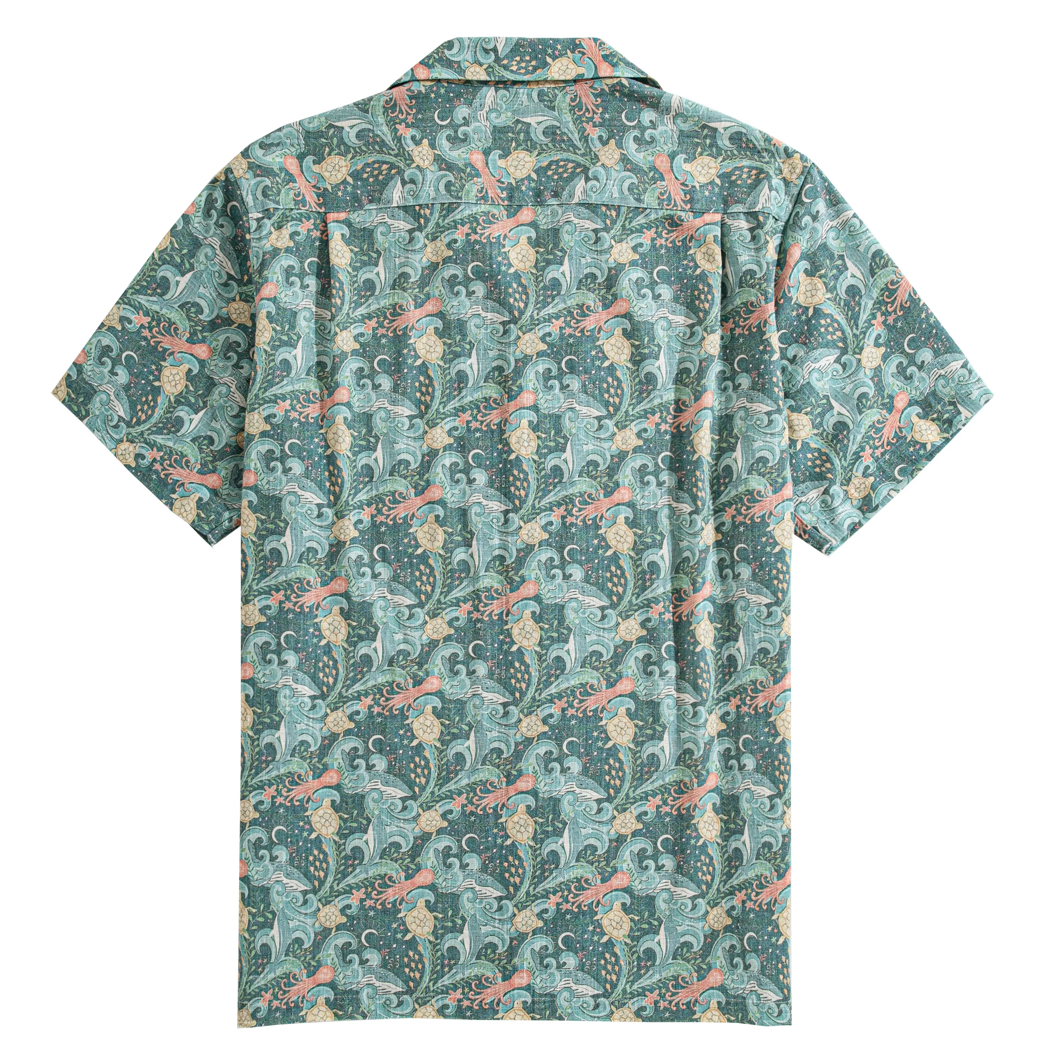 Undersea Oasis aloha shirt side vent and back pleat craftsmanship detail