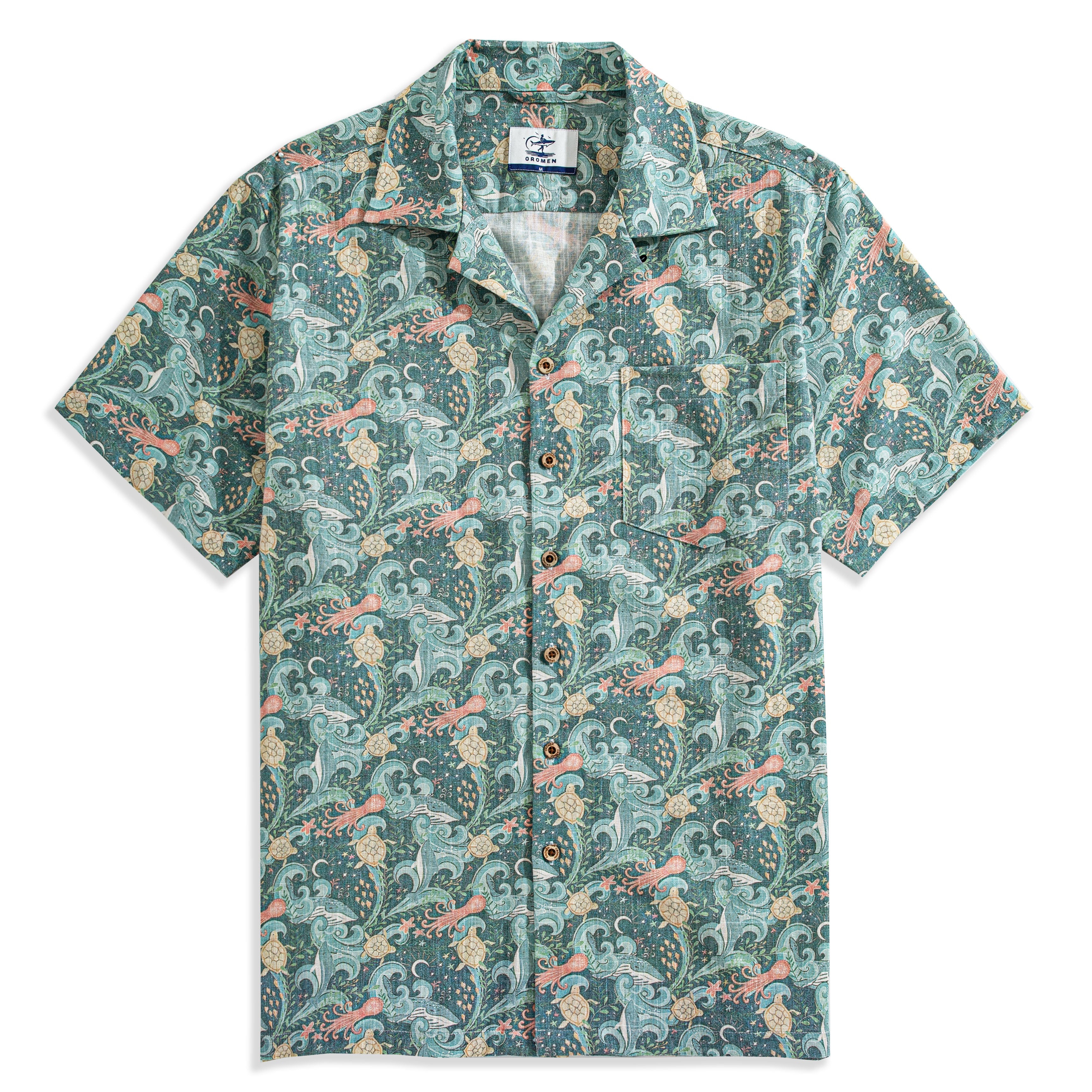 Undersea Oasis green aloha shirt with hand-painted ocean coral print