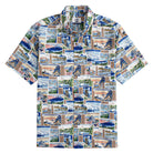 Vintage Japanese postcard collage aloha shirt featuring Mount Fuji pagodas and cherry blossoms