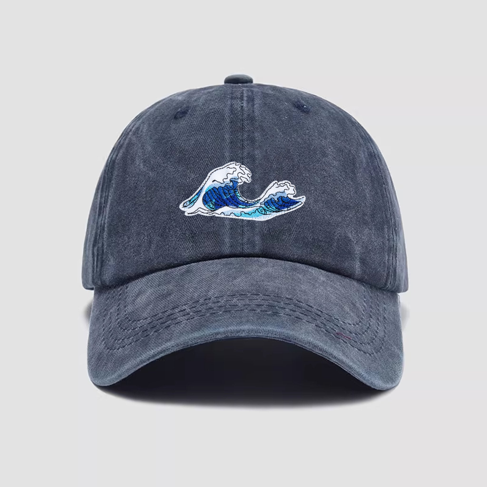 Washed Great Wave Dad Hat in Denim Blue - Japanese Ukiyo-e Baseball Cap