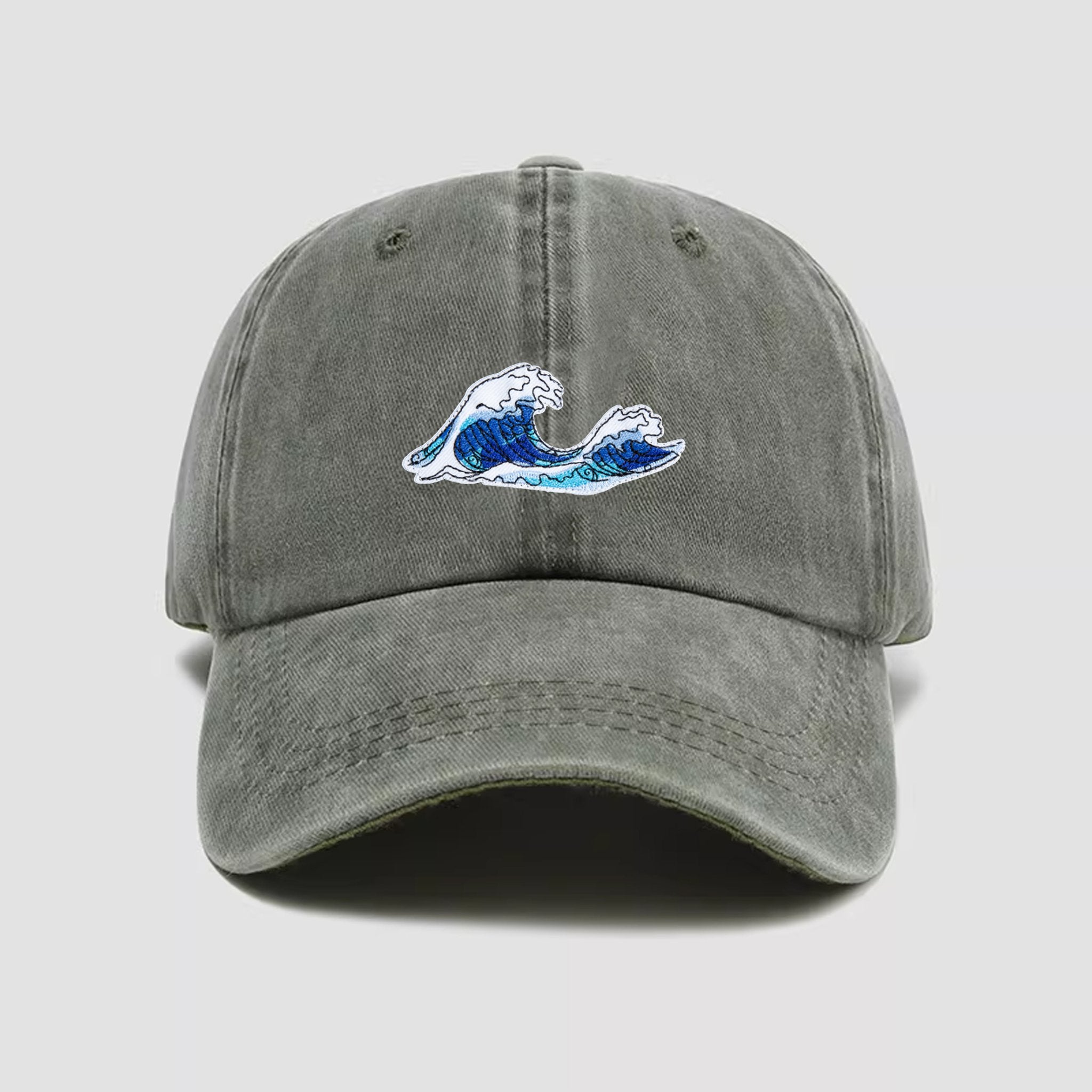 Washed Great Wave Dad Hat in Olive Green - Adjustable Cotton Cap
