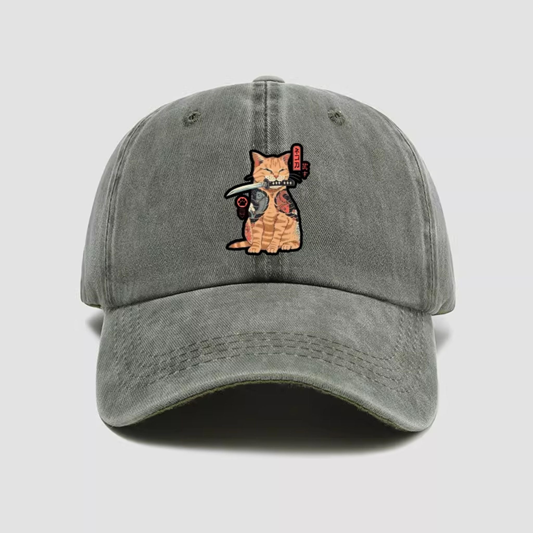 Washed cotton baseball cap with samurai cat - back view and adjustable strap