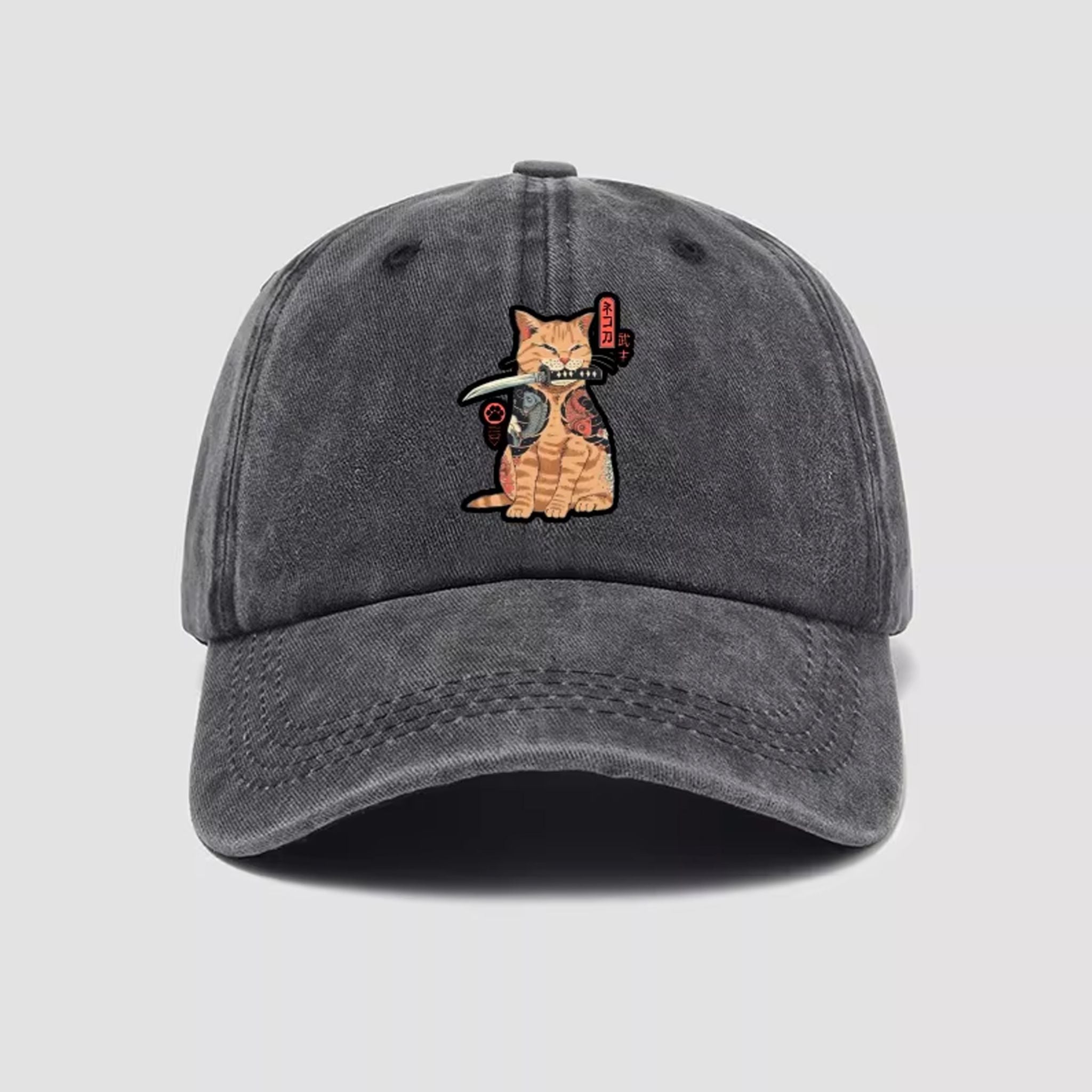 Washed samurai cat embroidered baseball cap - front view with Japanese ukiyo-e design
