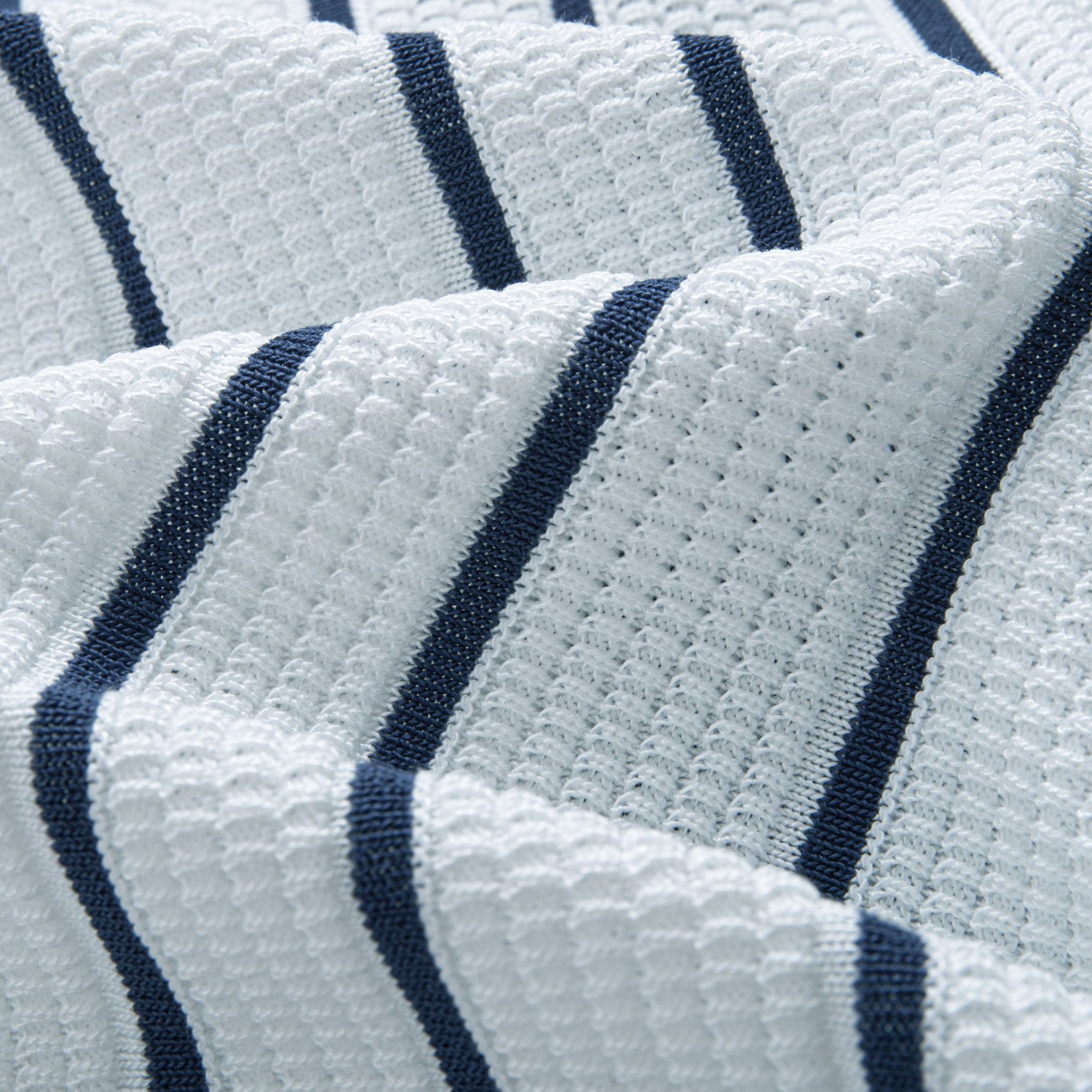 White Button Placket Close-up – Vertical Stripe Knit Shirt