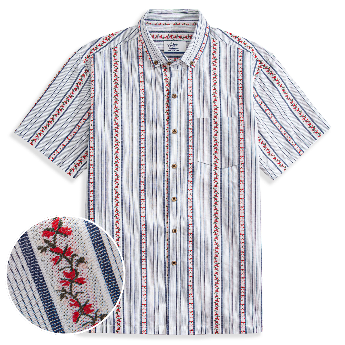 100% cotton fabric detail of embroidered floral striped shirt
